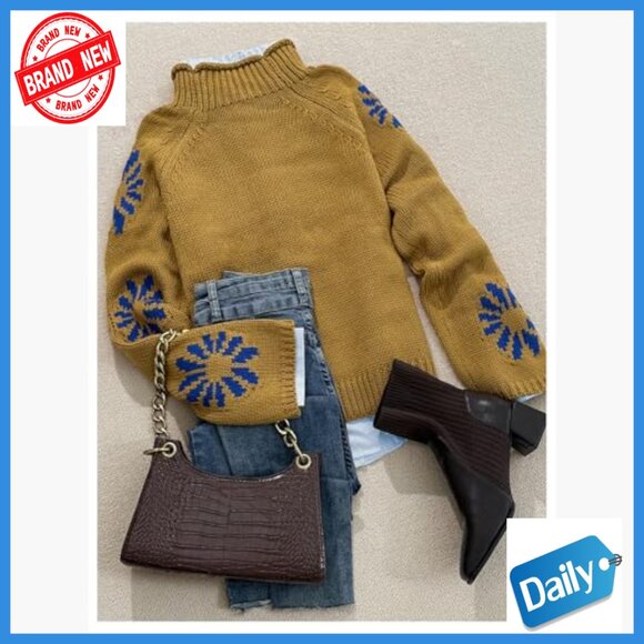 Floral Mock Neck Sweater Long Sleeve Knit Pullover Vintage Tops - Picture 4 of 5